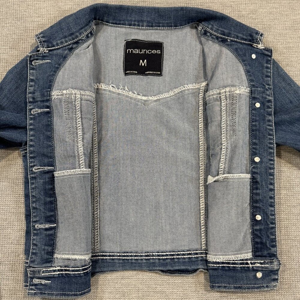 Maurices Womens Blue Denim Jean Jacket Size M Button Front Long Sleeve Pockets - Picture 5 of 14
